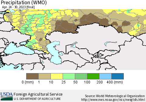 Russian Federation Precipitation (WMO) Thematic Map For 4/24/2023 - 4/30/2023