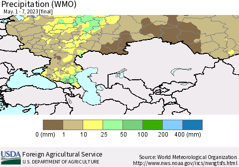 Russian Federation Precipitation (WMO) Thematic Map For 5/1/2023 - 5/7/2023