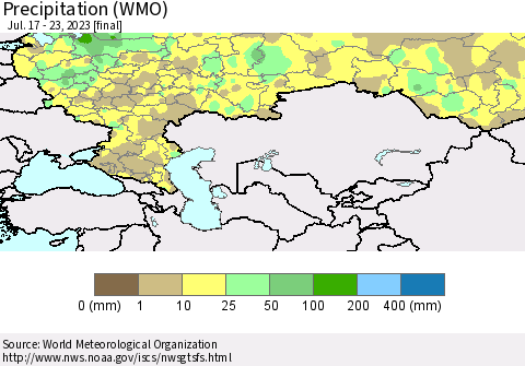 Russian Federation Precipitation (WMO) Thematic Map For 7/17/2023 - 7/23/2023