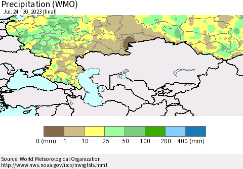 Russian Federation Precipitation (WMO) Thematic Map For 7/24/2023 - 7/30/2023