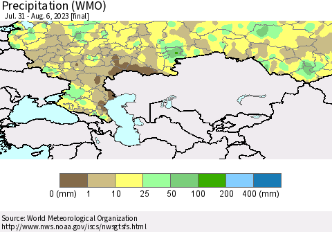 Russian Federation Precipitation (WMO) Thematic Map For 7/31/2023 - 8/6/2023