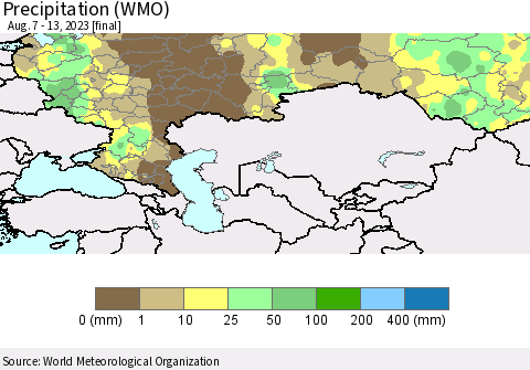 Russian Federation Precipitation (WMO) Thematic Map For 8/7/2023 - 8/13/2023