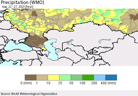 Russian Federation Precipitation (WMO) Thematic Map For 8/21/2023 - 8/27/2023