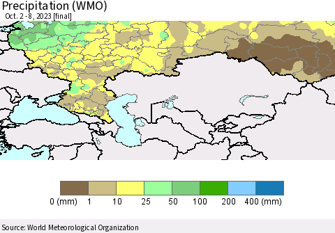 Russian Federation Precipitation (WMO) Thematic Map For 10/2/2023 - 10/8/2023