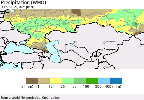Russian Federation Precipitation (WMO) Thematic Map For 10/23/2023 - 10/29/2023