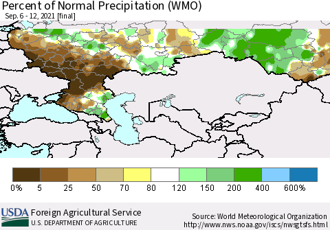 Russian Federation Percent of Normal Precipitation (WMO) Thematic Map For 9/6/2021 - 9/12/2021