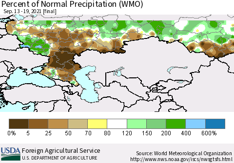 Russian Federation Percent of Normal Precipitation (WMO) Thematic Map For 9/13/2021 - 9/19/2021