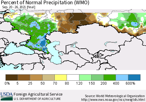 Russian Federation Percent of Normal Precipitation (WMO) Thematic Map For 9/20/2021 - 9/26/2021