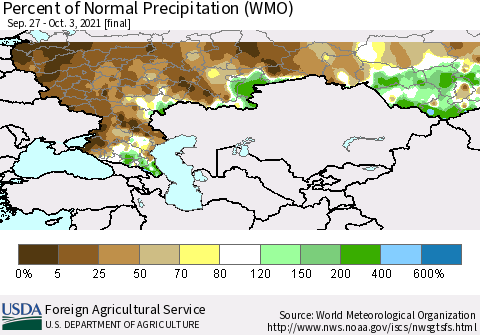 Russian Federation Percent of Normal Precipitation (WMO) Thematic Map For 9/27/2021 - 10/3/2021