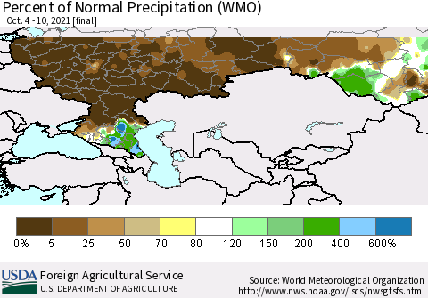 Russian Federation Percent of Normal Precipitation (WMO) Thematic Map For 10/4/2021 - 10/10/2021
