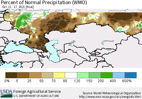 Russian Federation Percent of Normal Precipitation (WMO) Thematic Map For 10/11/2021 - 10/17/2021