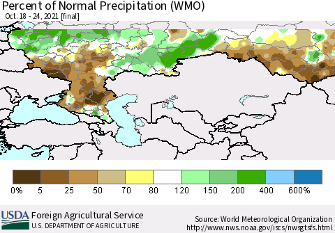 Russian Federation Percent of Normal Precipitation (WMO) Thematic Map For 10/18/2021 - 10/24/2021