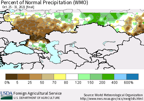 Russian Federation Percent of Normal Precipitation (WMO) Thematic Map For 10/25/2021 - 10/31/2021