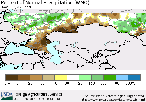 Russian Federation Percent of Normal Precipitation (WMO) Thematic Map For 11/1/2021 - 11/7/2021
