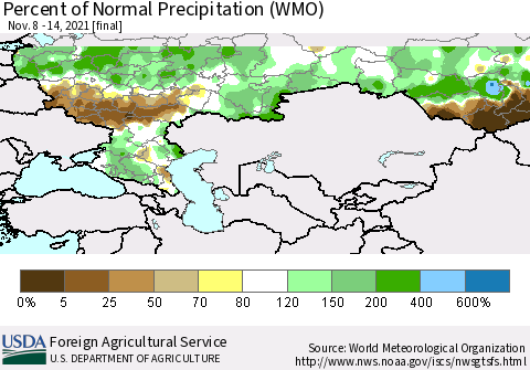 Russian Federation Percent of Normal Precipitation (WMO) Thematic Map For 11/8/2021 - 11/14/2021