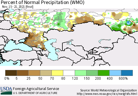 Russian Federation Percent of Normal Precipitation (WMO) Thematic Map For 11/15/2021 - 11/21/2021
