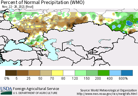 Russian Federation Percent of Normal Precipitation (WMO) Thematic Map For 11/22/2021 - 11/28/2021