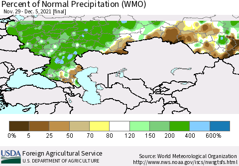 Russian Federation Percent of Normal Precipitation (WMO) Thematic Map For 11/29/2021 - 12/5/2021
