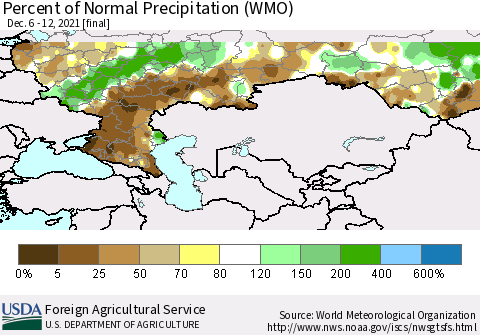 Russian Federation Percent of Normal Precipitation (WMO) Thematic Map For 12/6/2021 - 12/12/2021