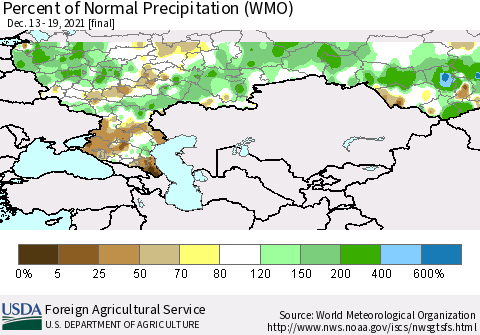 Russian Federation Percent of Normal Precipitation (WMO) Thematic Map For 12/13/2021 - 12/19/2021