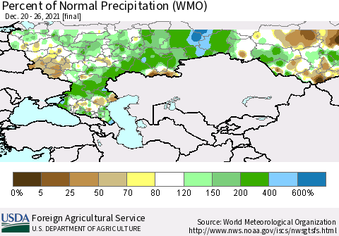 Russian Federation Percent of Normal Precipitation (WMO) Thematic Map For 12/20/2021 - 12/26/2021