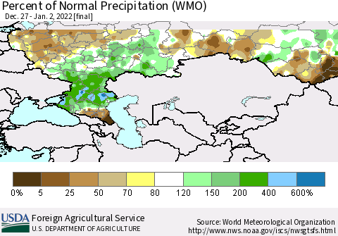 Russian Federation Percent of Normal Precipitation (WMO) Thematic Map For 12/27/2021 - 1/2/2022