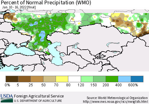 Russian Federation Percent of Normal Precipitation (WMO) Thematic Map For 1/10/2022 - 1/16/2022