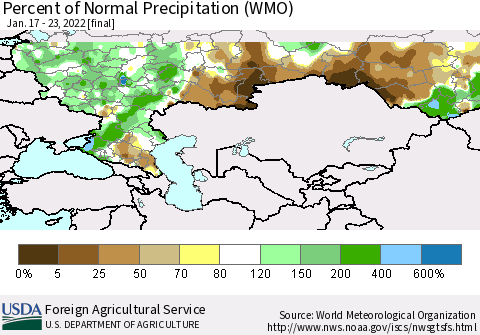 Russian Federation Percent of Normal Precipitation (WMO) Thematic Map For 1/17/2022 - 1/23/2022
