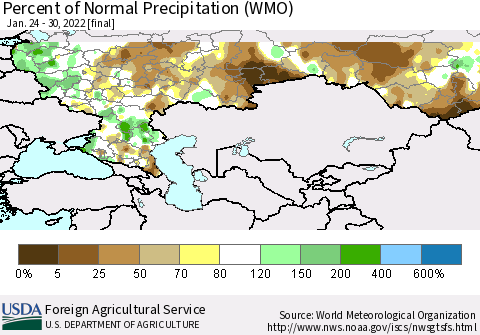 Russian Federation Percent of Normal Precipitation (WMO) Thematic Map For 1/24/2022 - 1/30/2022
