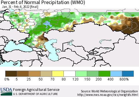Russian Federation Percent of Normal Precipitation (WMO) Thematic Map For 1/31/2022 - 2/6/2022