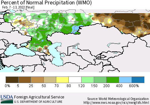 Russian Federation Percent of Normal Precipitation (WMO) Thematic Map For 2/7/2022 - 2/13/2022