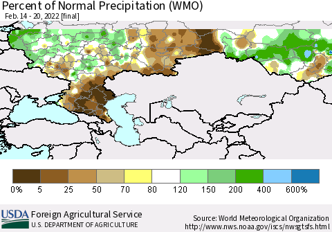Russian Federation Percent of Normal Precipitation (WMO) Thematic Map For 2/14/2022 - 2/20/2022