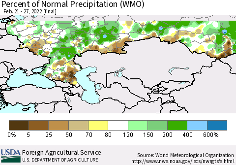 Russian Federation Percent of Normal Precipitation (WMO) Thematic Map For 2/21/2022 - 2/27/2022