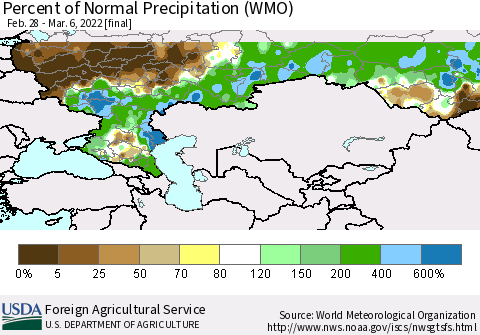 Russian Federation Percent of Normal Precipitation (WMO) Thematic Map For 2/28/2022 - 3/6/2022
