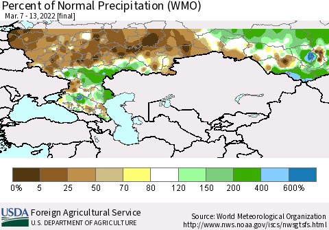Russian Federation Percent of Normal Precipitation (WMO) Thematic Map For 3/7/2022 - 3/13/2022