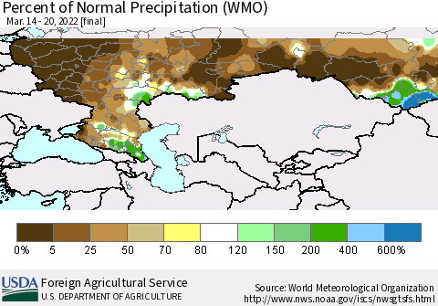 Russian Federation Percent of Normal Precipitation (WMO) Thematic Map For 3/14/2022 - 3/20/2022