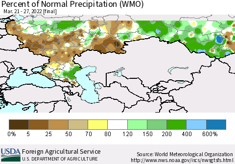 Russian Federation Percent of Normal Precipitation (WMO) Thematic Map For 3/21/2022 - 3/27/2022