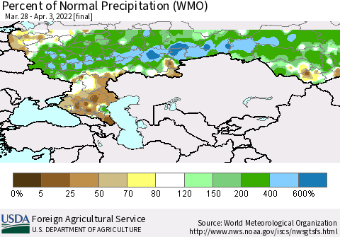 Russian Federation Percent of Normal Precipitation (WMO) Thematic Map For 3/28/2022 - 4/3/2022