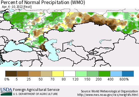 Russian Federation Percent of Normal Precipitation (WMO) Thematic Map For 4/4/2022 - 4/10/2022