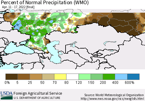 Russian Federation Percent of Normal Precipitation (WMO) Thematic Map For 4/11/2022 - 4/17/2022