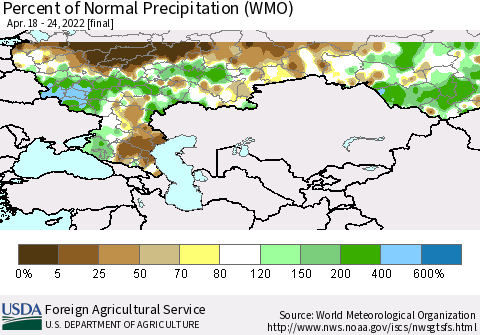 Russian Federation Percent of Normal Precipitation (WMO) Thematic Map For 4/18/2022 - 4/24/2022