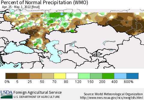Russian Federation Percent of Normal Precipitation (WMO) Thematic Map For 4/25/2022 - 5/1/2022