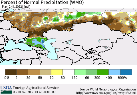 Russian Federation Percent of Normal Precipitation (WMO) Thematic Map For 5/2/2022 - 5/8/2022
