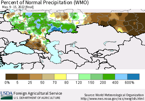 Russian Federation Percent of Normal Precipitation (WMO) Thematic Map For 5/9/2022 - 5/15/2022