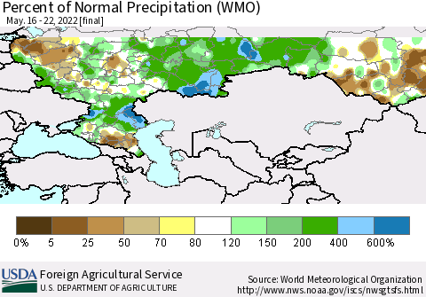 Russian Federation Percent of Normal Precipitation (WMO) Thematic Map For 5/16/2022 - 5/22/2022