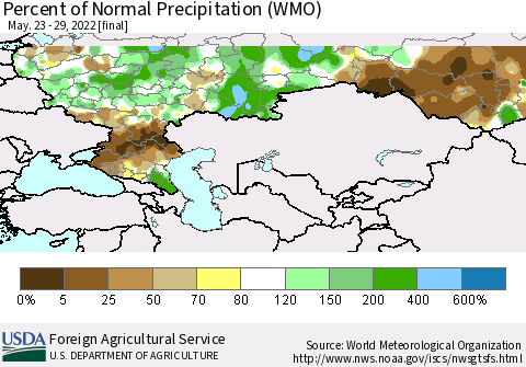 Russian Federation Percent of Normal Precipitation (WMO) Thematic Map For 5/23/2022 - 5/29/2022