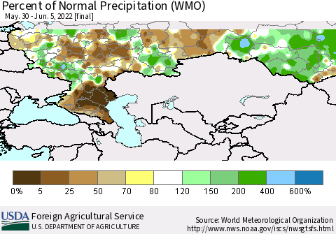 Russian Federation Percent of Normal Precipitation (WMO) Thematic Map For 5/30/2022 - 6/5/2022