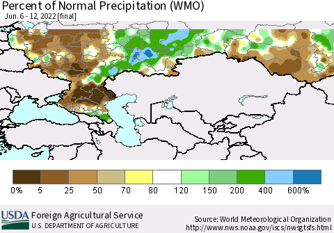 Russian Federation Percent of Normal Precipitation (WMO) Thematic Map For 6/6/2022 - 6/12/2022