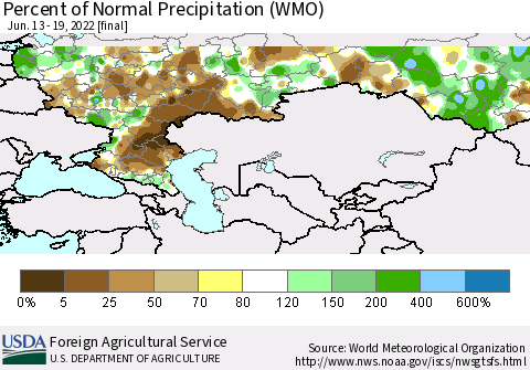 Russian Federation Percent of Normal Precipitation (WMO) Thematic Map For 6/13/2022 - 6/19/2022