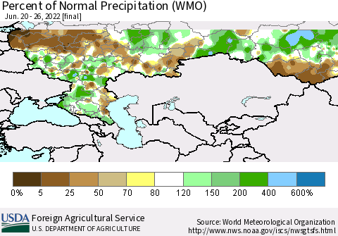 Russian Federation Percent of Normal Precipitation (WMO) Thematic Map For 6/20/2022 - 6/26/2022